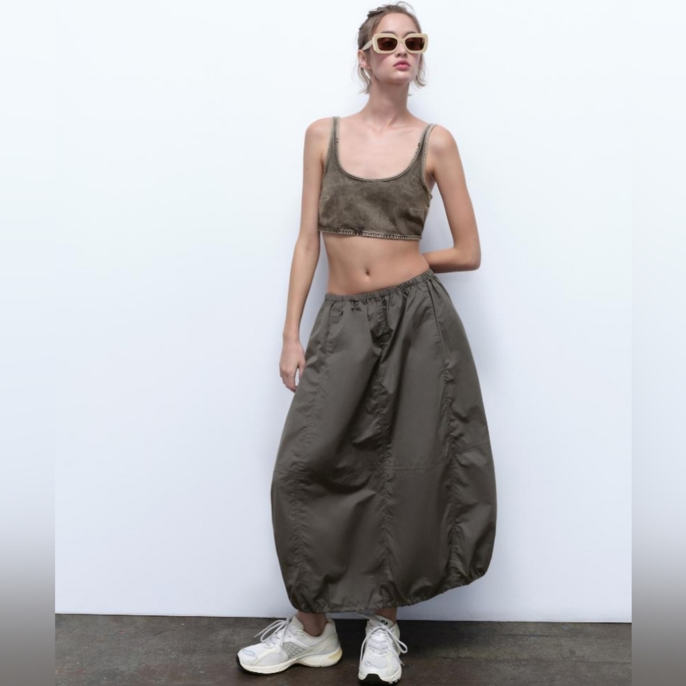 Zara Cozy-Chic Denim Jean Crop Top Acid Wash Scoop Neck Anthracite Gray